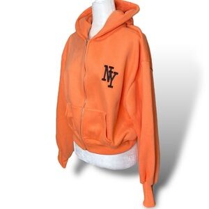 Fashion Nova NY New York Embroidered Peach Orange Zip Up Hoodie Sweatshirt Women
